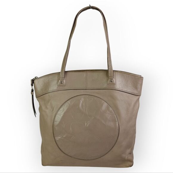 COACH BEIGE CC LOGO GENUINE LEATHER LARGE TOTE SHOULDER BAG HANDBAG PURSE BOHO - Picture 3 of 12